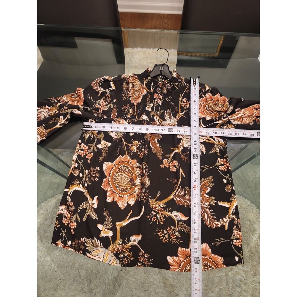 Maison D' Amelie Blouse Women's Small Black Floral Smocked Mock Neck Long Sleeve - Picture 10 of 11